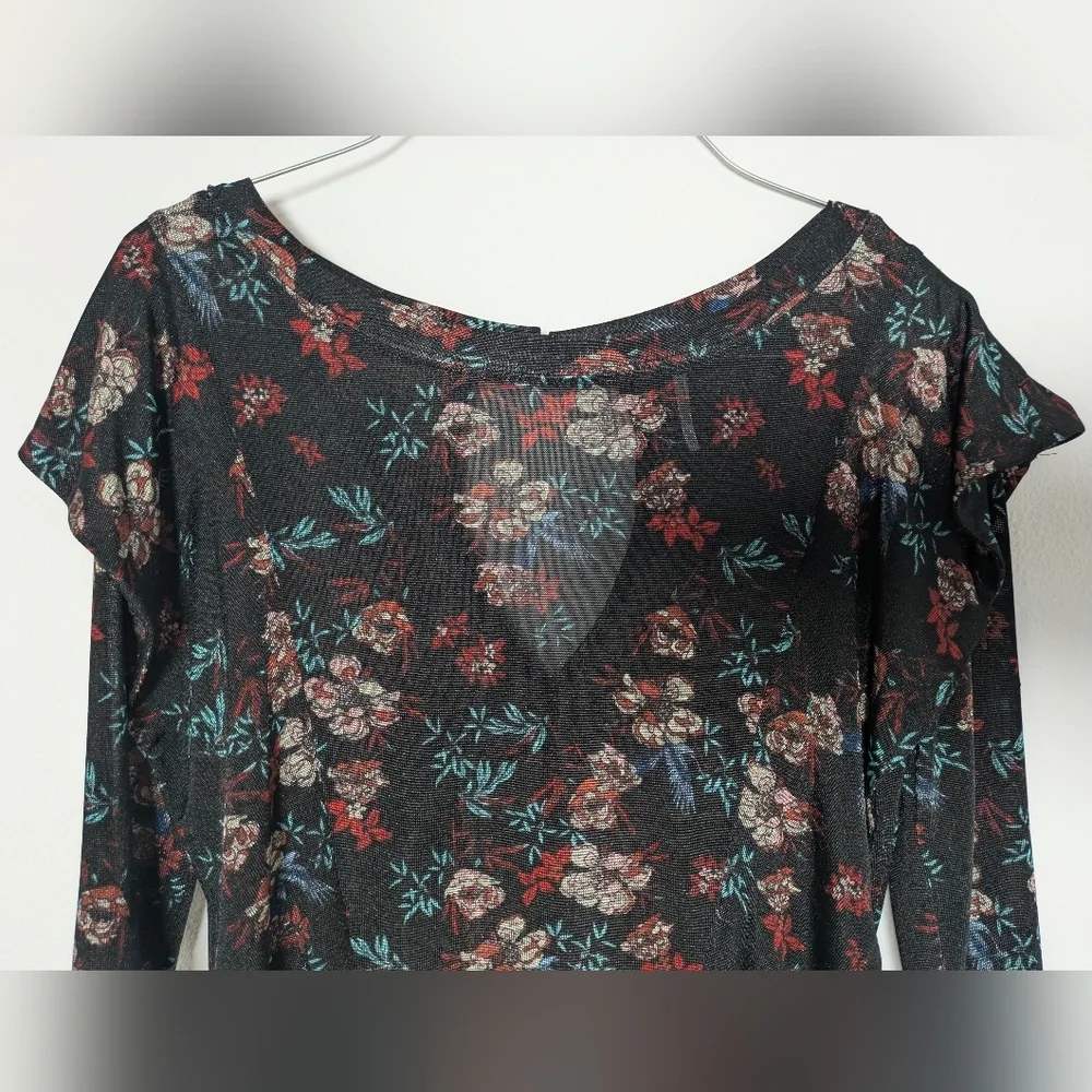 Free People EUC Womens Size Xs 3/4 Sleeve Floral Black Red Blouse Shirt Top Boho - Picture 4 of 14